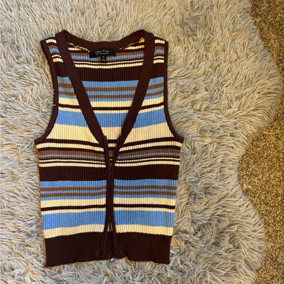 Striped Ribbed Knit Zip Front Tank - Brown, Blue, Cream - Picture 2 of 3
